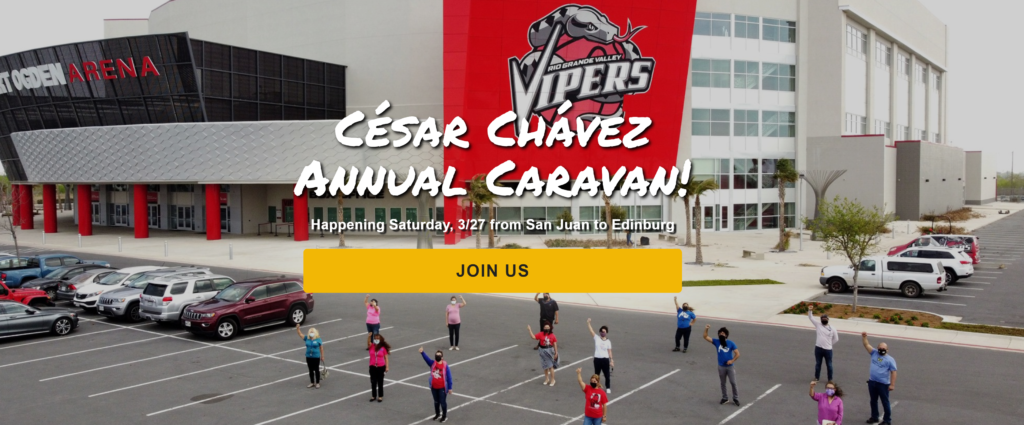 areal view of arena parking lot with LUPE members standing spaced apart with masks and fists in the air. Text on screen says "Cesar Chavez Annual Caravan, happening Saturday 3/27 from San Juan to Edinburg. Join us."