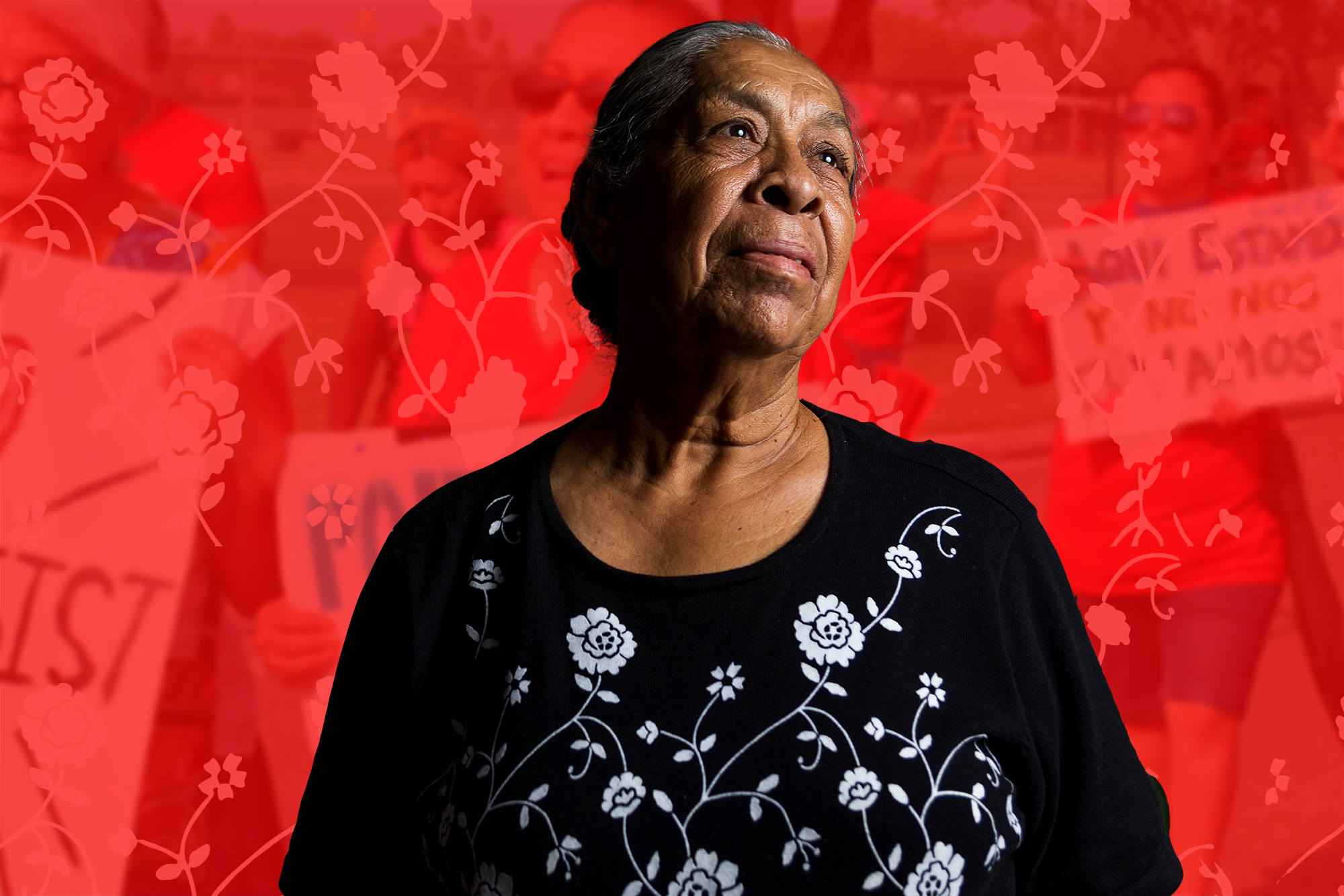 LUPE Doña Maria Gomez stands in dignified pose on top of graphic background.